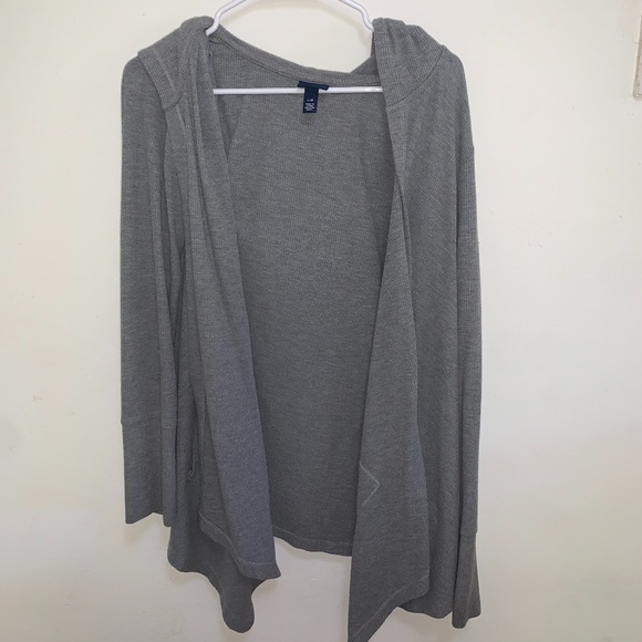 Scoop Grey Hooded Drape Front Cardigan, Size L, Like New - Picture 3 of 6